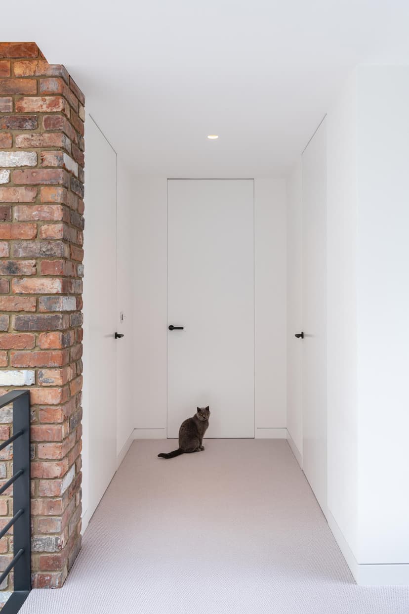 A flush hidden job door in a carpeted corridor with brick feature wall and steel rail leading to a closed white flush door with a black cat sitting in front.