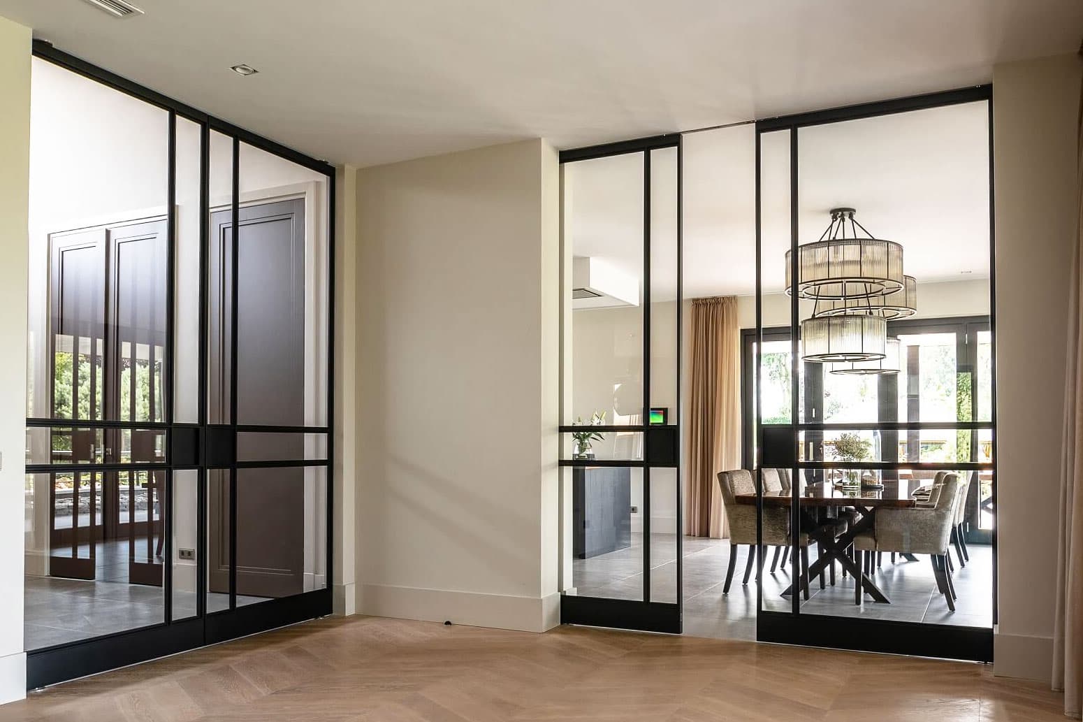 sliding double steel glazed doors in a high end penthouse